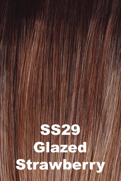 Color Glazed Strawberry (SS29) for Raquel Welch wig Trend Setter Large.  Medium brown roots blending into a light red base with strawberry blonde and pale blonde highlights
