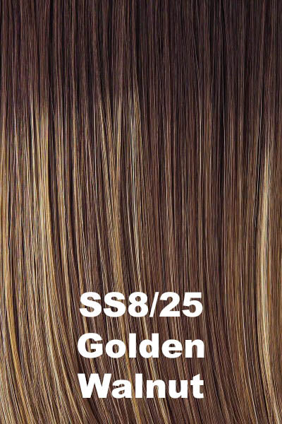 Raquel Welch Wigs - Winner Premium - Shaded Golden Walnut (SS8/25). Rich, dark brown w/ subtle warm highlights and dark brown roots.
