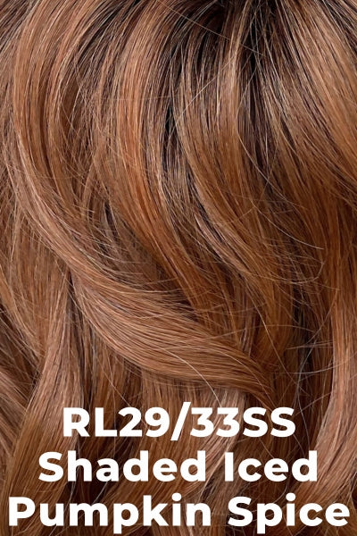 An Orange based medium Red with blended Gold Blonde and Light Blonde highlights with warm medium Brown Roots.