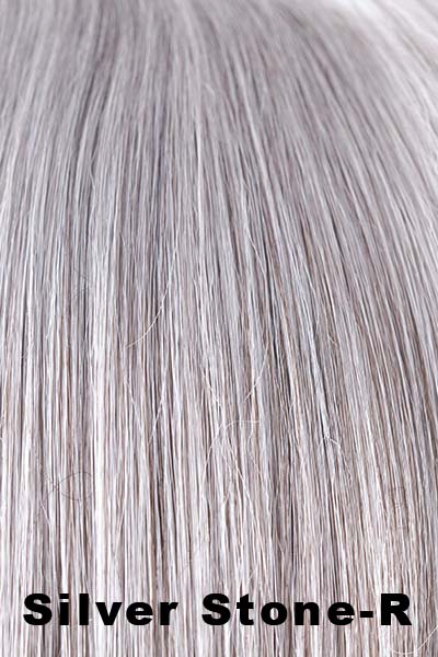 Color Silver Stone-R for Rene of Paris wig Carson (#2403). Silver white front, silver and soft brown middle, dark brown mix and silver nape with a dark brown root.