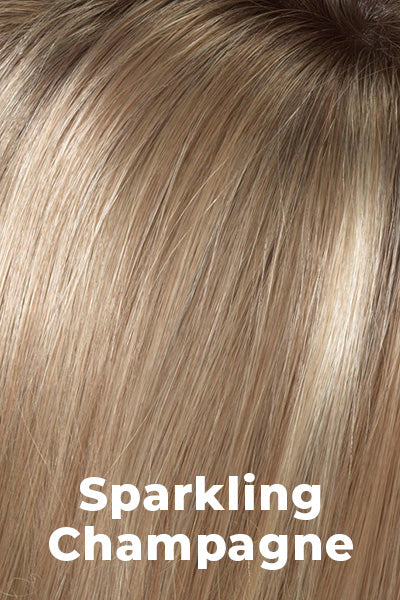Envy Wigs - Jacqueline - Sparkling Champagne. 3-Tone blend of a Golden Blond base with Medium Brown roots, and light Golden Blonde highlights.
