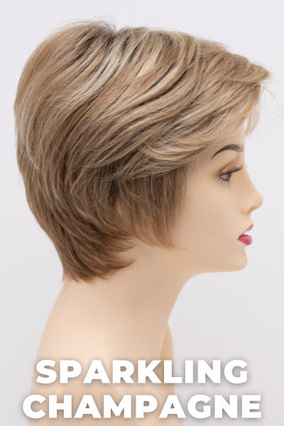 Color Swatch Sparkling Champagne for Envy wig Paula Human Hair Blend.  Golden blonde base with champagne and pale blonde highlights and a chestnut brown rooting.