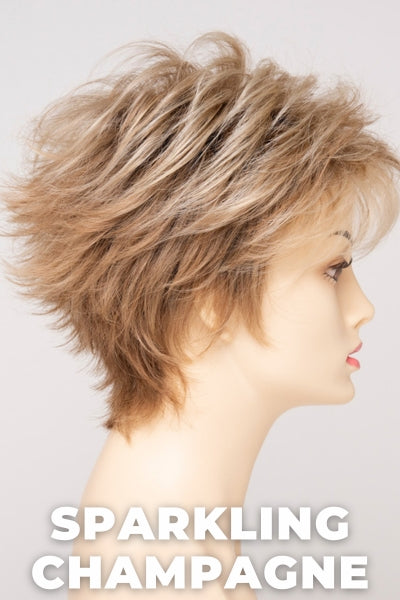 Color Swatch Sparkling Champagne  for Envy wig Ophelia Human Hair Blend.  Golden blonde base with champagne and pale blonde highlights and a chestnut brown rooting.