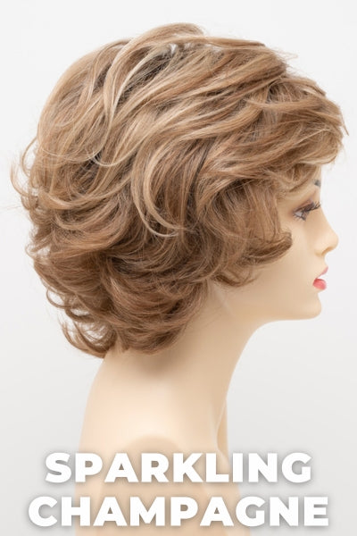 Color Swatch Sparkling Champagne for Envy wig Savannah.  Golden blonde base with champagne and pale blonde highlights and a chestnut brown rooting.