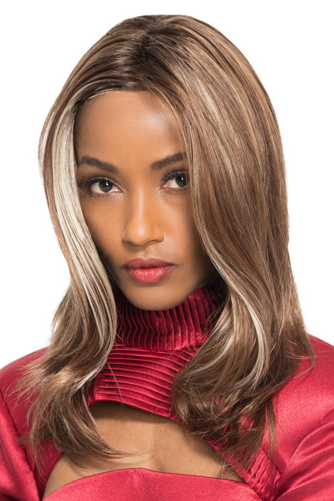 Photo of a woman wearing Bliss by TressAllure in the color Dark Amber Highlighted. 
