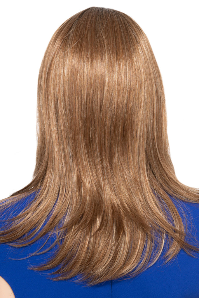 Back view of the synthetic, straight wig. 