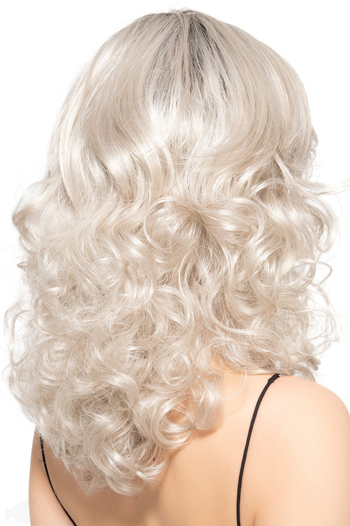 Back view of the synthetic, curly wig. 