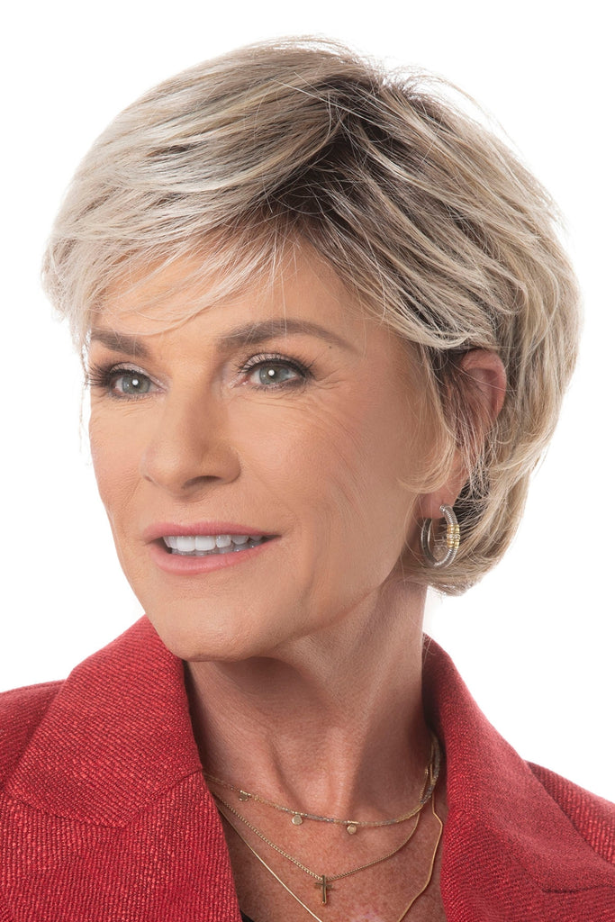 Woman wearing the short layered pixie by Toni Brattin.