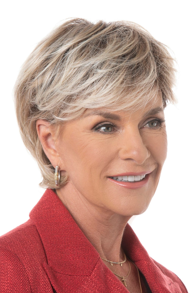 Woman wearing the heat friendly synthetic wig by Toni Brattin.