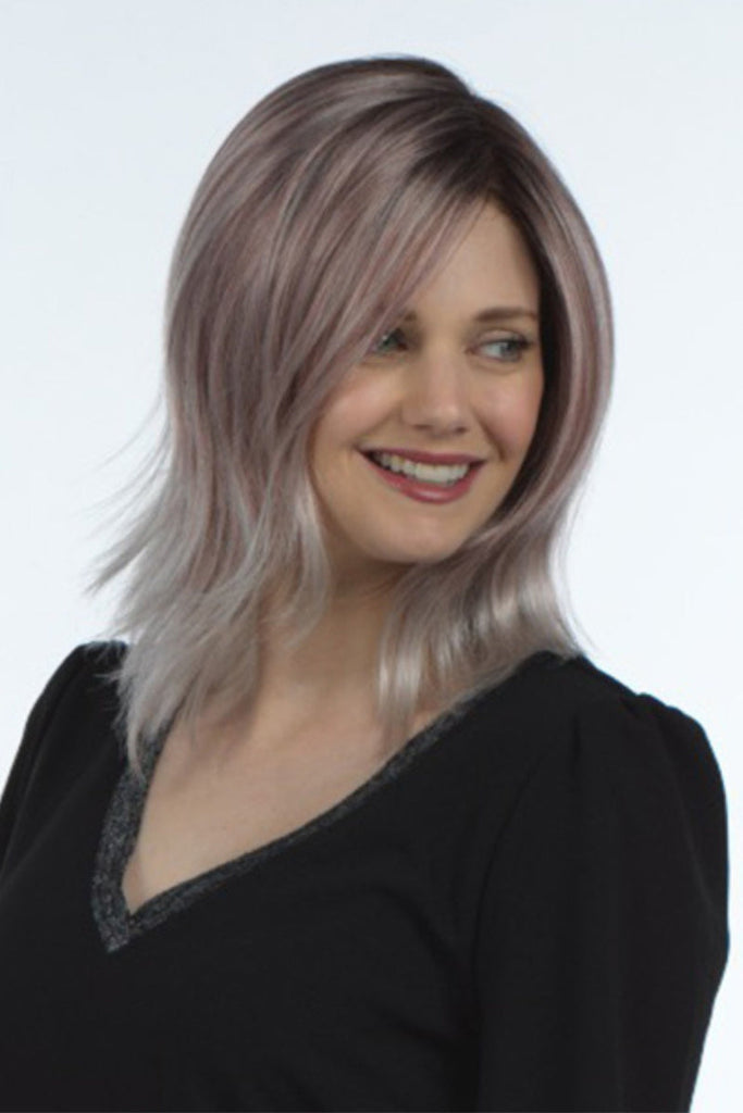 Side view of the layered medium length wig.
