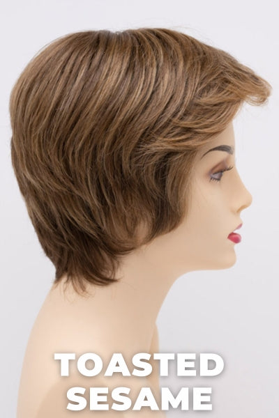 Color Swatch Toasted Sesame for Envy wig Paula Human Hair Blend.  Light brown base with wheat blonde and dark blonde highlights and a chestnut brown rooting.