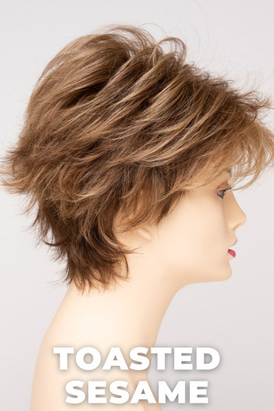 Color Swatch Toasted Sesame  for Envy wig Ophelia Human Hair Blend.  Light brown base with wheat blonde and dark blonde highlights and a chestnut brown rooting.