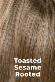 Color Swatch Toasted Sesame  for Envy wig Yuri Human Hair Blend.  Light brown base with wheat blonde and dark blonde highlights and a chestnut brown rooting.