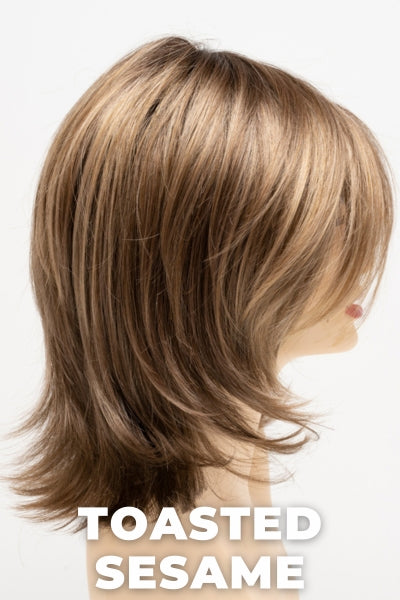 Color Swatch Toasted Sesame for Envy wig Rose.  Light brown base with wheat blonde and dark blonde highlights and a chestnut brown rooting.