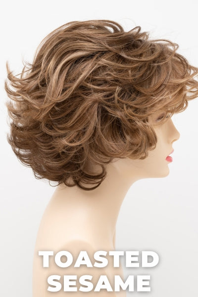 Color Swatch Toasted Sesame for Envy wig Savannah.  Light brown base with wheat blonde and dark blonde highlights and a chestnut brown rooting.