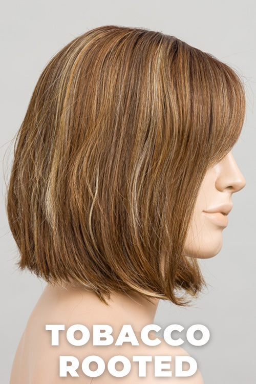Ellen Wille - Vivi - Tobacco Rooted. Medium Brown base with Light Golden Blonde highlights and Light Auburn lowlights and Dark Roots.