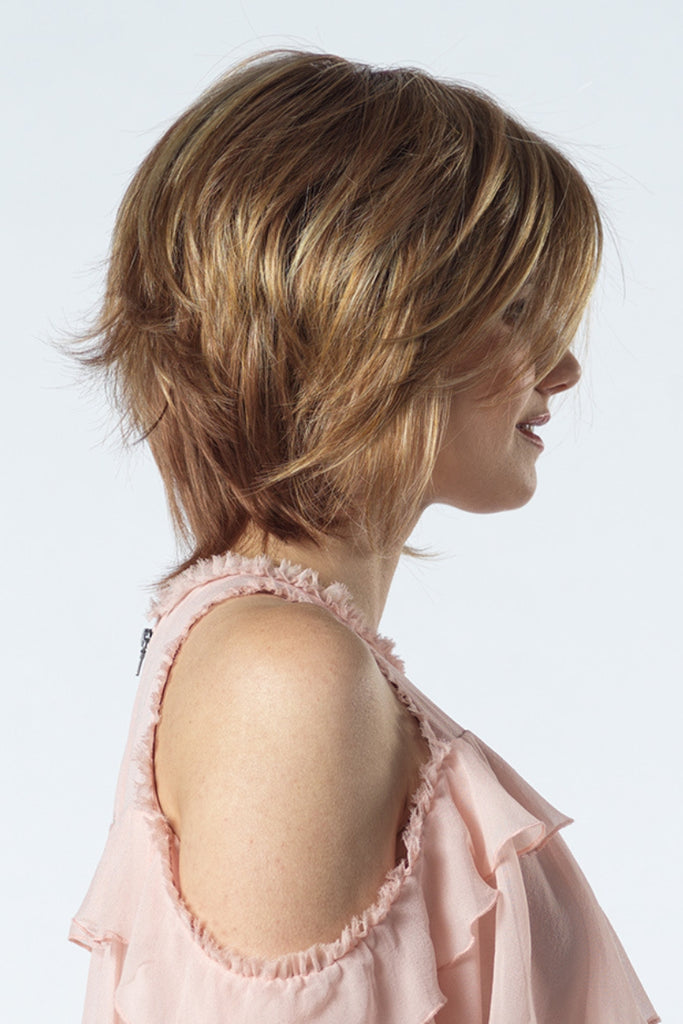 Side view of a shaggy layered modified bob cut wig for women. 