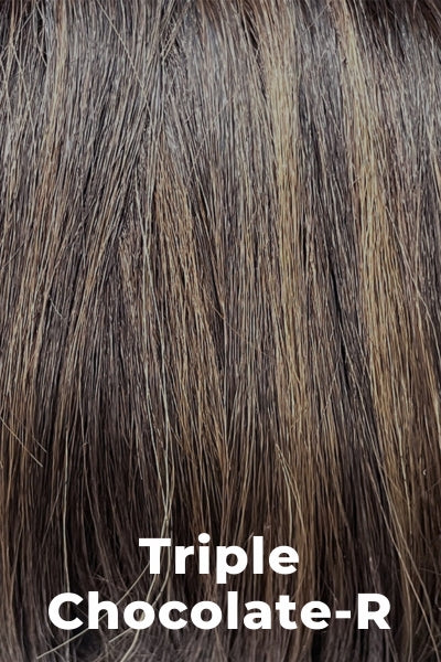 A rich chocolate brown color with subtle cappuccino roots, mixed with ginger and cinnamon brown highlights.