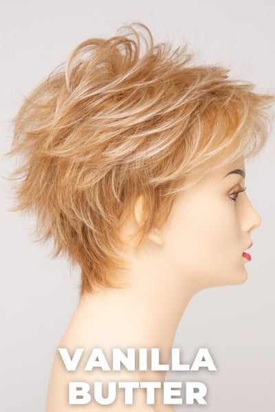 Color Swatch Vanilla Butter  for Envy wig Ophelia Human Hair Blend.  Golden blonde base with pale blonde and honey blonde highlights.