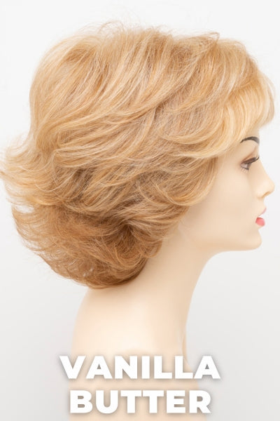 Color Swatch Vanilla Butter for Envy wig Savannah.  Golden blonde base with pale blonde and honey blonde highlights.