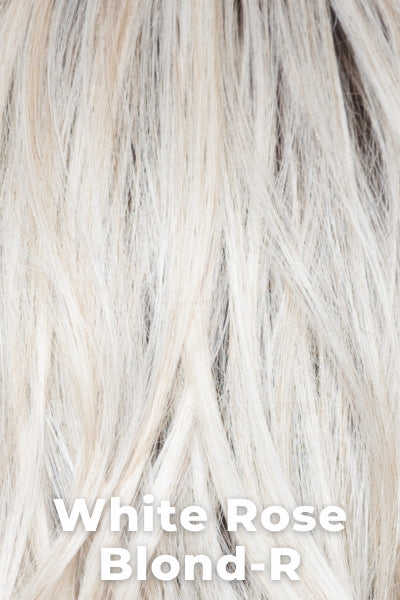 Color White Rose Blond-R for Noriko wig Rin (#1730). White blond base with subtle warm brown highlights. The medium-brown root creates a vibrant appearance. 