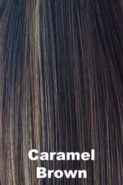 Color Caramel Brown for Rene of Paris wig India #2390. Cappuccino brown base with golden blonde highlights.
