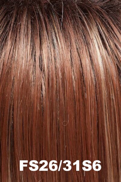 Color FS26/31S6 (Salted Caramel) for Jon Renau wig Sienna Lite Remy Human Hair (#775). Dark brown rooted auburn base with heavy golden copper highlights.