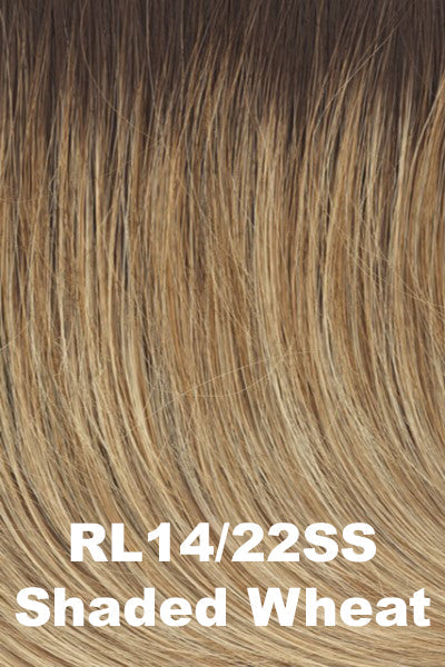 Color Shaded Wheat (RL14/22SS) for Raquel Welch wig Flying Solo.  Dark rooting blended into a wheat blonde base with subtle golden undertones.
