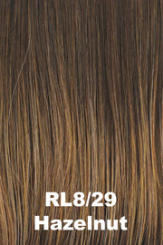 Color Hazelnut (RL8/29) for Raquel Welch wig Flying Solo.  Medium brown base with light brown and copper highlights.