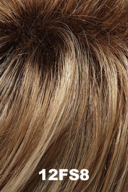 Color 12FS8 (Shaded Praline) for Jon Renau wig Rachel Lite (#5864). Medium brown roots and a light brown, light blonde and pale blonde blend with a golden undertone.