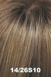 Color 14/26S10 (Shaded Pralines n Cream) for Jon Renau wig Rachel Lite (#5864). Ash blonde, medium red, and golden blonde blend with a medium brown rooting.