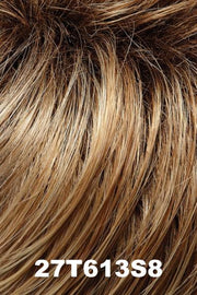 Color 27T613S8 (Shaded Sun) for Jon Renau wig Kendall (#5727). Medium golden blonde with copper, honey, and creamy blonde highlights with a meidum brown root.
