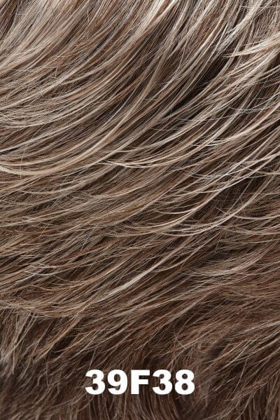 Color 39F38 (Roasted Chestnut) for Jon Renau wig Julianne Lite Petite (#5863). Light brown and ash brown base with heavier light grey highlights in the front gradually blending to less highlights by the nape.
