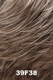 Color 39F38 (Roasted Chestnut) for Jon Renau wig Cameron Lite Petite (#5857). Light brown and ash brown base with heavier light grey highlights in the front gradually blending to less highlights by the nape.