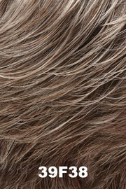 Color 39F38 (Roasted Chestnut) for Jon Renau wig Cameron Lite (#5853). Light brown and ash brown base with heavier light grey highlights in the front gradually blending to less highlights by the nape.