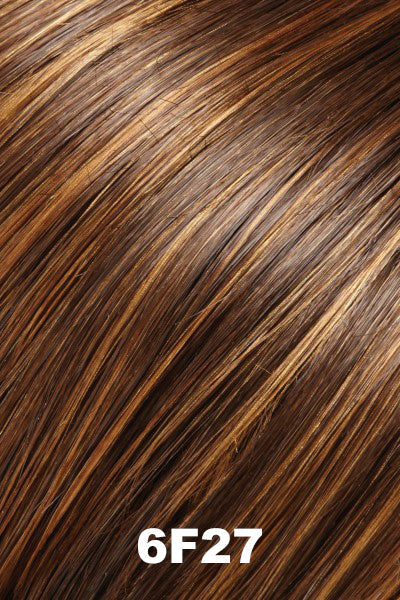 Color 6F27 (Caramel Ribbon) for Jon Renau wig Spirit Human Hair (#731). Brown with natural strawberry blonde highlights and tips.