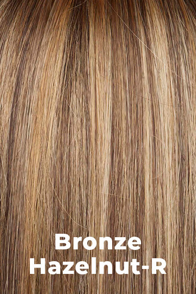 Color Bronze Hazelnut-R for Rene of Paris wig Nell (#2408). Dark brown root w/ a blend of warm blonde, cool light blonde and dark brown.