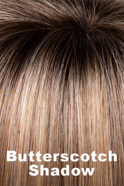 Color Swatch Butterscotch Shadow for Envy wig Alyssa.  A blend of warm blonde with a pale light blonde base, golden undertones and dark brown rooting.