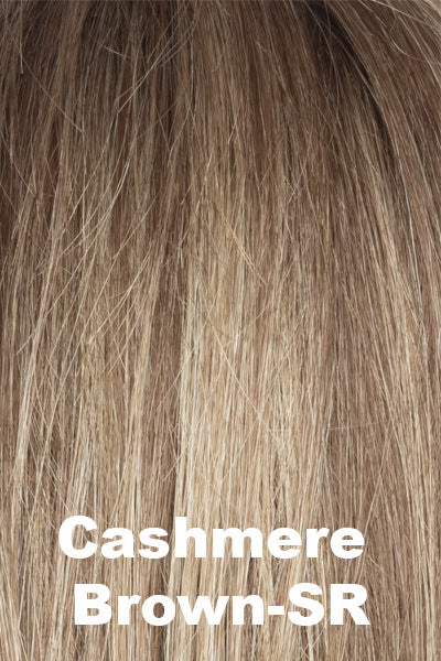 Color Cashmere Brown-SR for Amore wig Tate (#2580). Rooted Medium Beige Brown Base with Velvet Blonde Highlights.