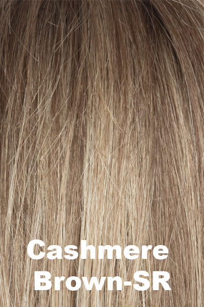 Color Cashmere Brown-SR for Amore wig Braylen (#2581). Rooted Medium Beige Brown Base with Velvet Blonde Highlights.
