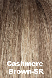 Color Cashmere Brown-SR for Amore wig Arden (#2584). Rooted Medium Beige Brown Base with Velvet Blonde Highlights.