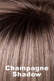 Color Swatch Champagne Shadow for Envy wig Scarlett.  A blend of warm blonde with golden undertones and a pale light blonde base with dark brown rooting.