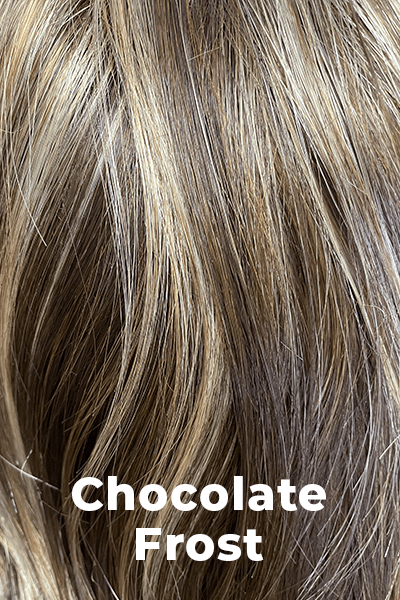 Color Chocolate Frost-R for Noriko wig Reese Partial Mono #1697. Warm toned soft medium brown base with cool toned light blonde and warm toned dark blonde highlights and a neutral dark brown root.