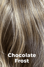 Color Chocolate Frost-R for Noriko wig Reese #1660. Warm toned soft medium brown base with cool toned light blonde and warm toned dark blonde highlights and a neutral dark brown root.