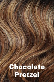 Color Chocolate Pretzel for Orchid wig Naya (#6530). Dark brown base with warm toned medium honey blonde and medium copper highlights.