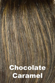 Color Swatch Chocolate Caramel  for Envy wig Yuri Human Hair Blend.  Rich chocolate brown with warm golden chestnut brown highlights.