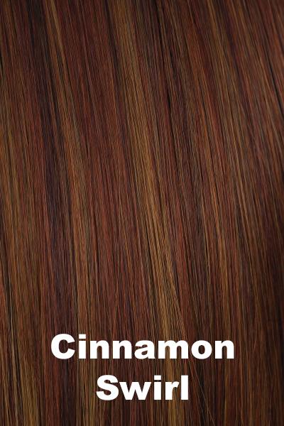Color Cinnamon Swirl for Orchid wig Petite Portia (#5022). Chocolate, dark red base with slices of teak, paprika, cinnamon and soft wheat dark blonds.