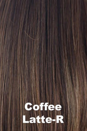 Color Coffee Latte-R for Orchid wig Lacey (#5023). Rich medium brown base with warm medium brown and medium golden blonde highlights and a deep dark brown root.