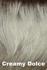 Color Creamy Dolce for Orchid wig Ensley (#6531). White blonde and pale cream blonde blend with dark to medium honey brown roots.