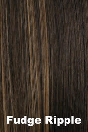 Color Fudge Ripple for Orchid wig Lacey (#5023). Dark brown with cool undertones and medium ashy blonde highlights.